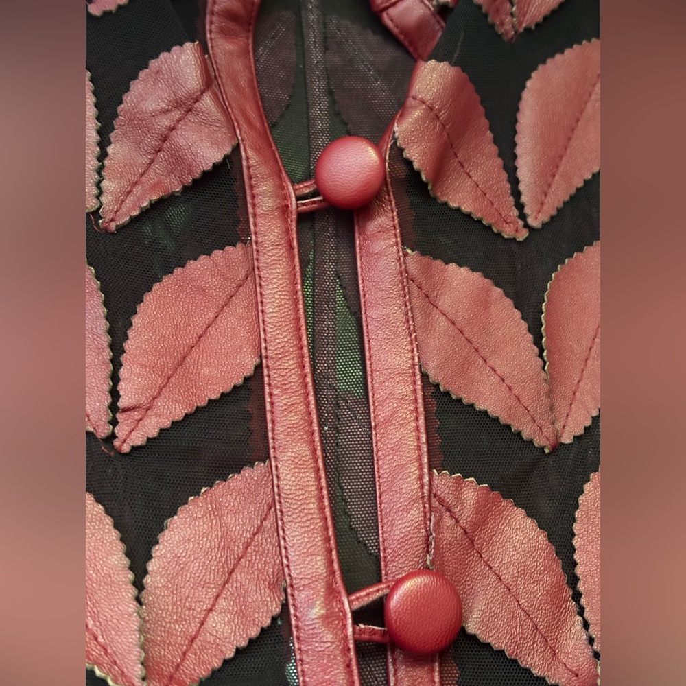 Leather Chic Pink Leaf Patterned Jacket Lining Po… - image 6